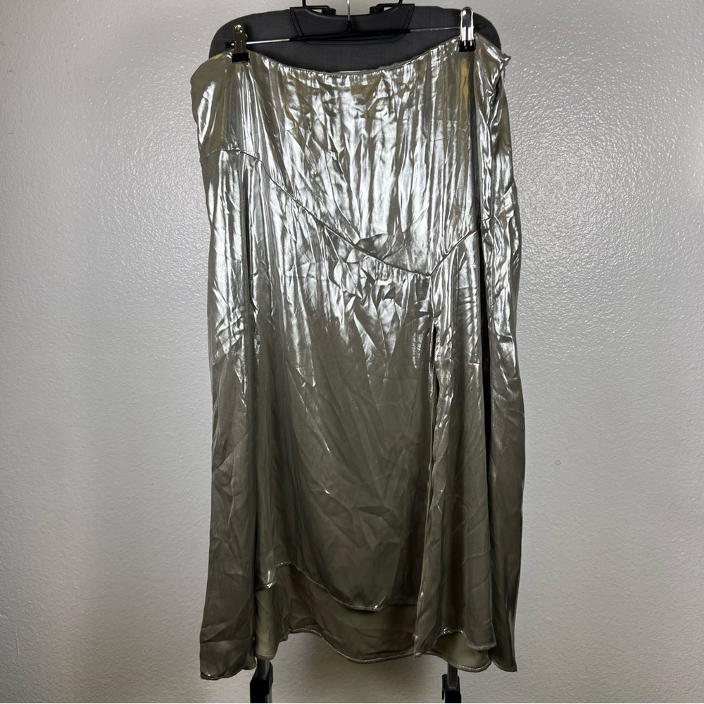 Metallic Silver Satin Midi Skirt - Women's